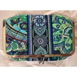 Vera Bradley Totally Turquoise Kiss Clasp Closure Cosmetic Bag PVC Lined EUC